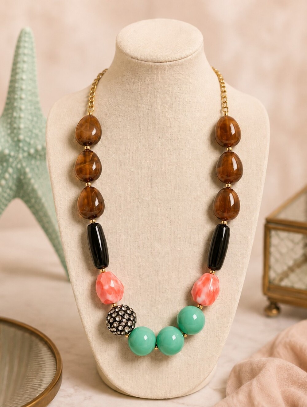Anthropologie Celeste Michelle Statement Necklace Brown Teal Pink Adjustable